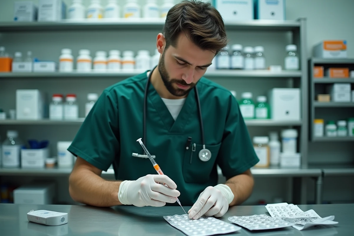 Infirmier préparant des médicaments dans une salle de pharmacie clinique avec équipements médicaux