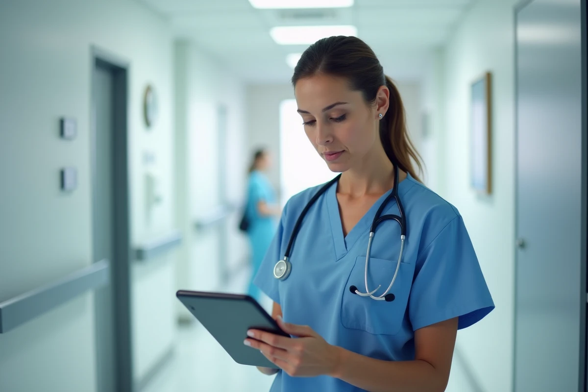 Infirmière en blouse bleue consultant une tablette numérique dans un couloir d'hôpital moderne