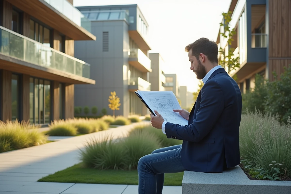 Jeune architecte étudiant des plans sur une tablette à Saclay