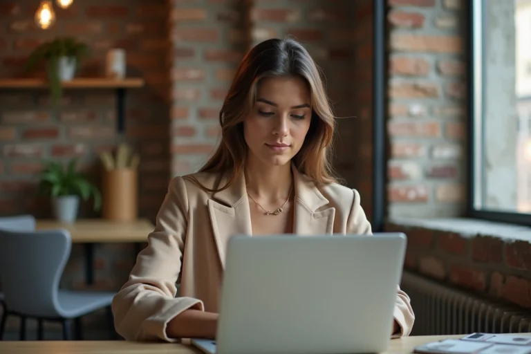 Jeune femme en blazer regardant sites de mode dans un loft