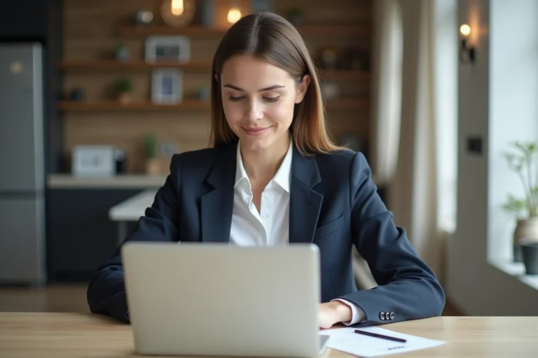 Jeune femme en blazer bleu examine son CV à la maison