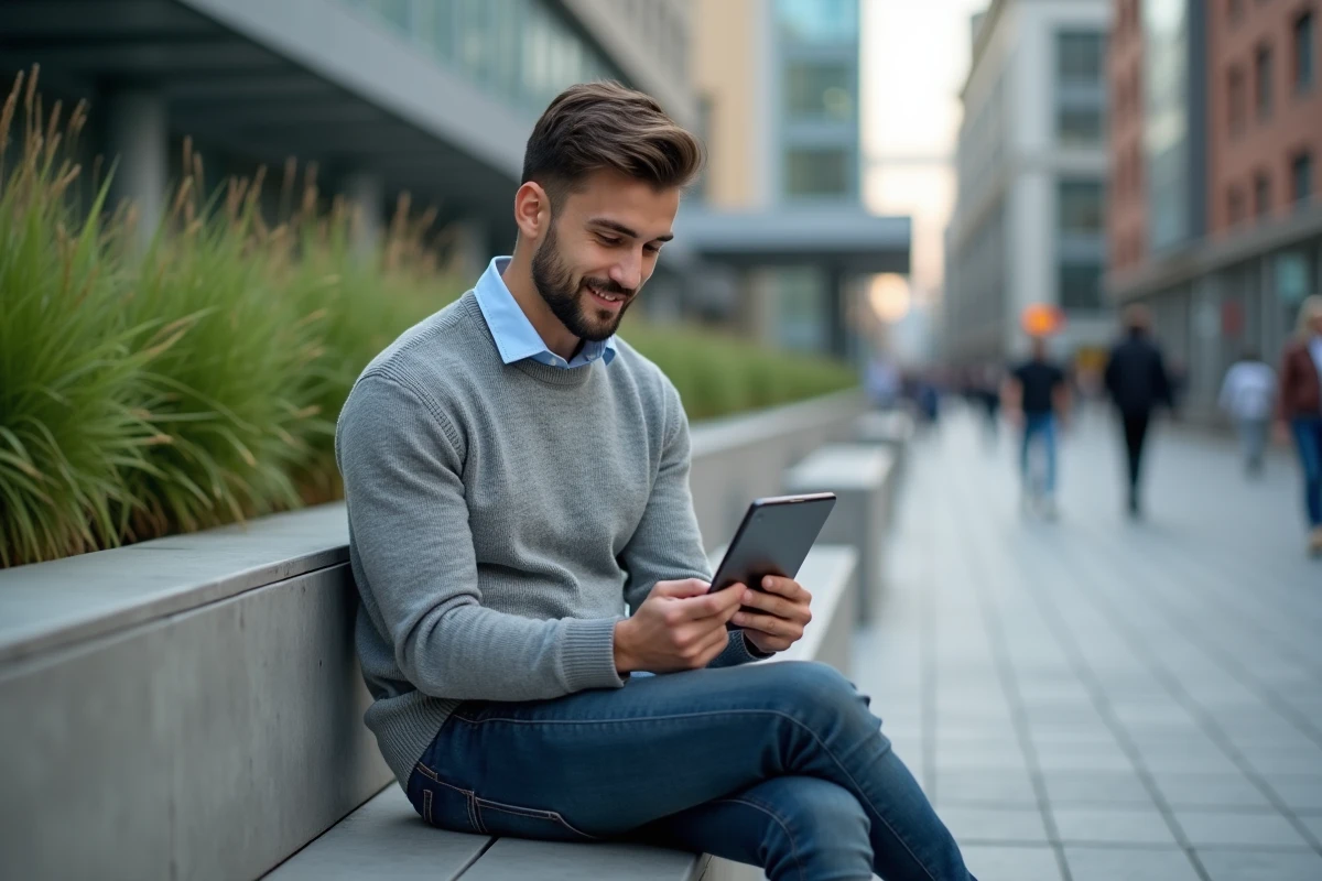 Jeune homme souriant utilisant une application IA sur sa tablette en ville