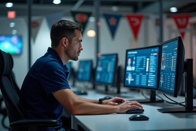 Journaliste sportif en salle de rédaction consultant des statistiques sportives en direct sur double écran