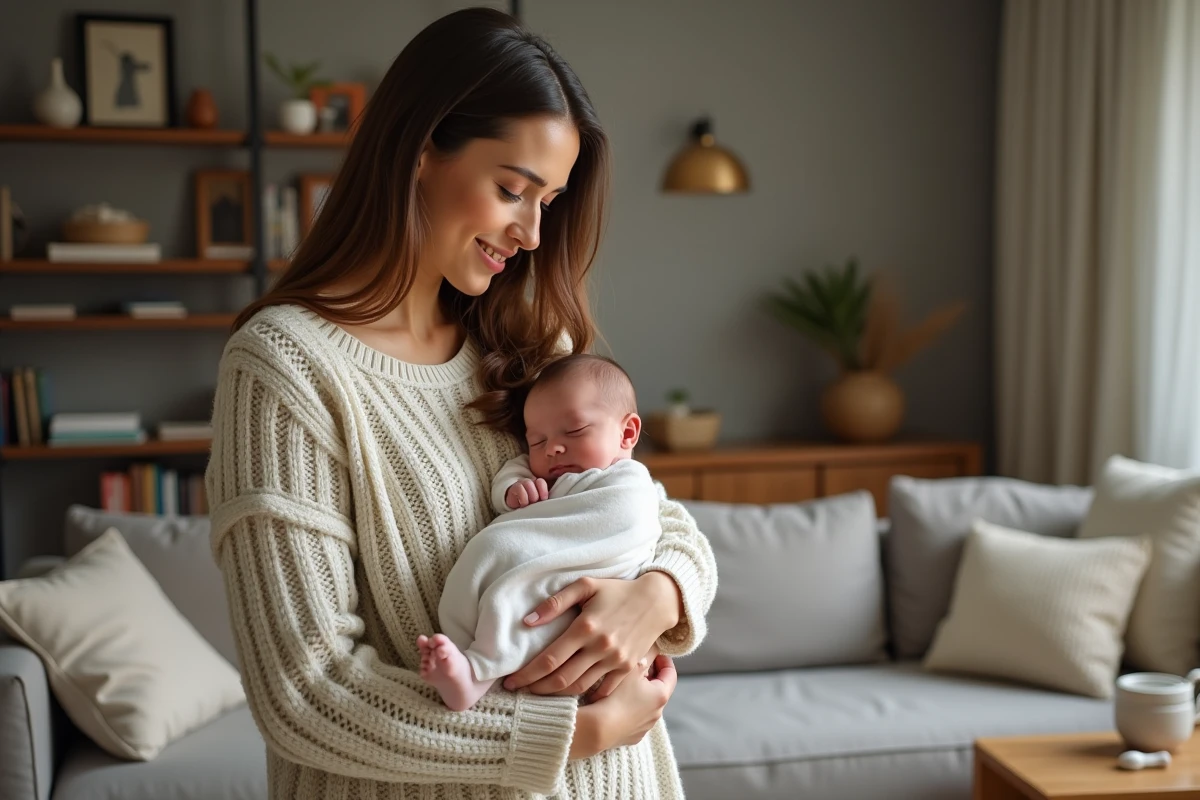 Maman tenant tendrement son bébé endormi dans le salon