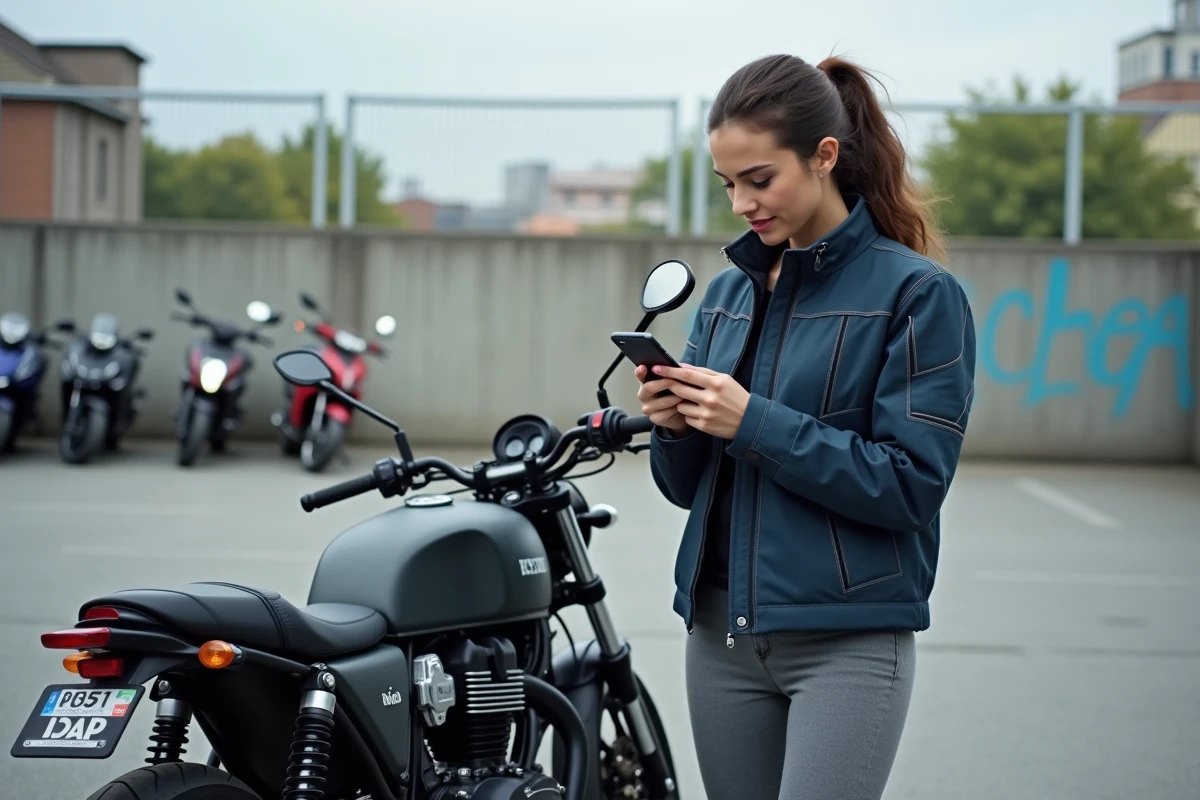 Motarde consultant un site spécialisé moto sur son smartphone à côté de sa moto en milieu urbain