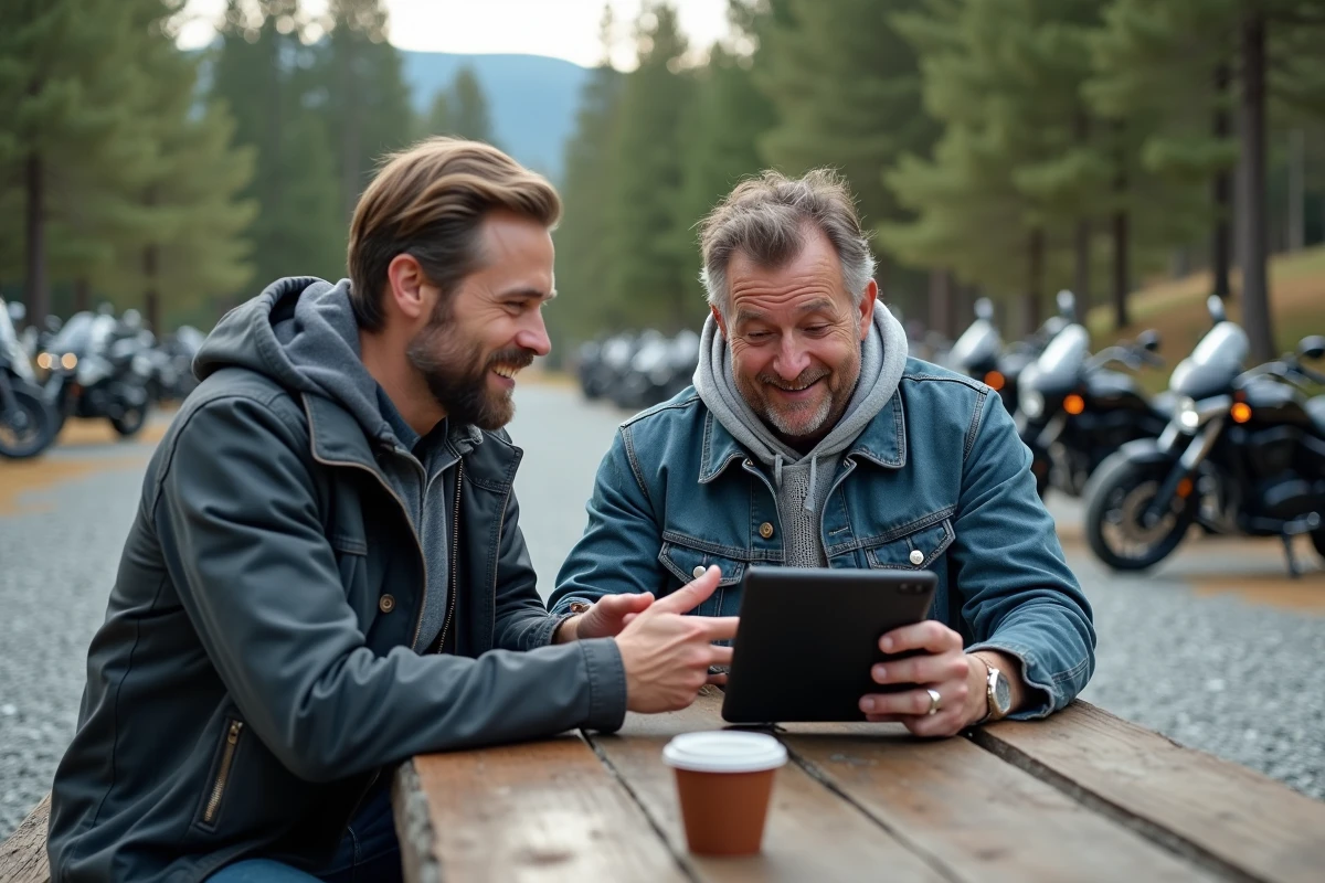 Deux motards comparant des sites de moto sur une tablette lors d'une pause sur la route en forêt