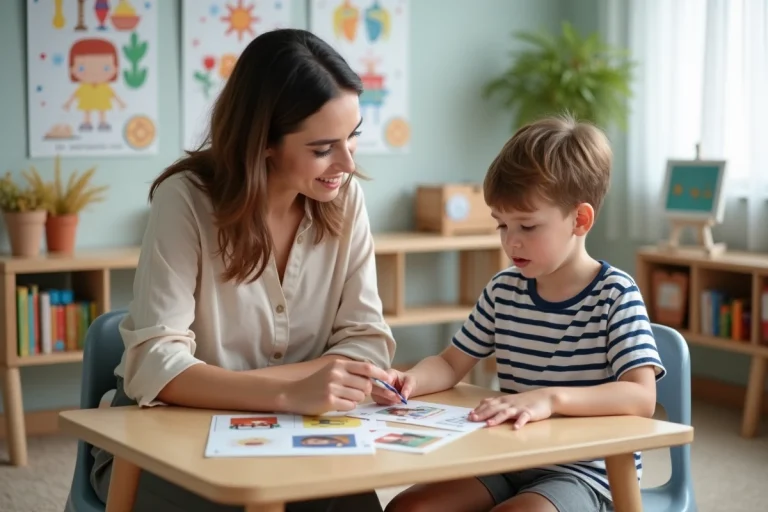Orthophoniste femme avec enfant lors d'un exercice de langage