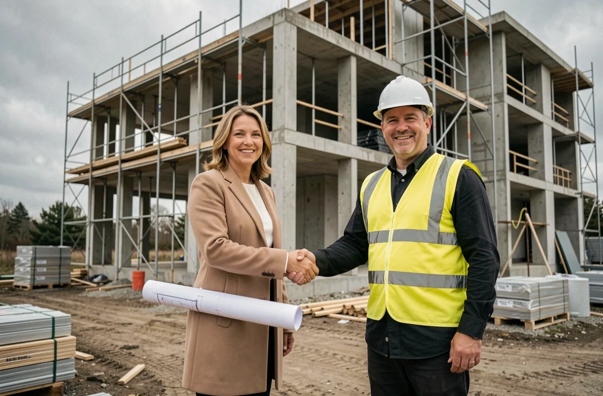 Une femme et un entrepreneur se serrent la main devant un chantier de construction, symbolisant le choix du bon partenaire pour un projet immobilier