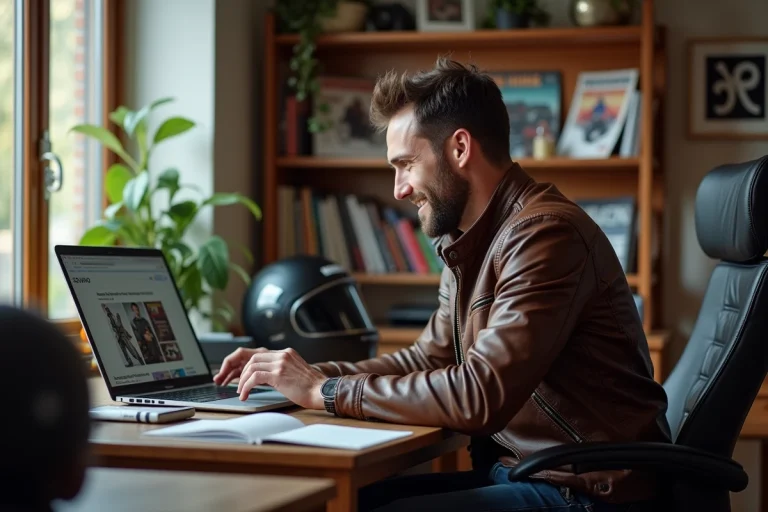Passionné de moto parcourant un site dédié aux motards sur son ordinateur portable dans un bureau à domicile