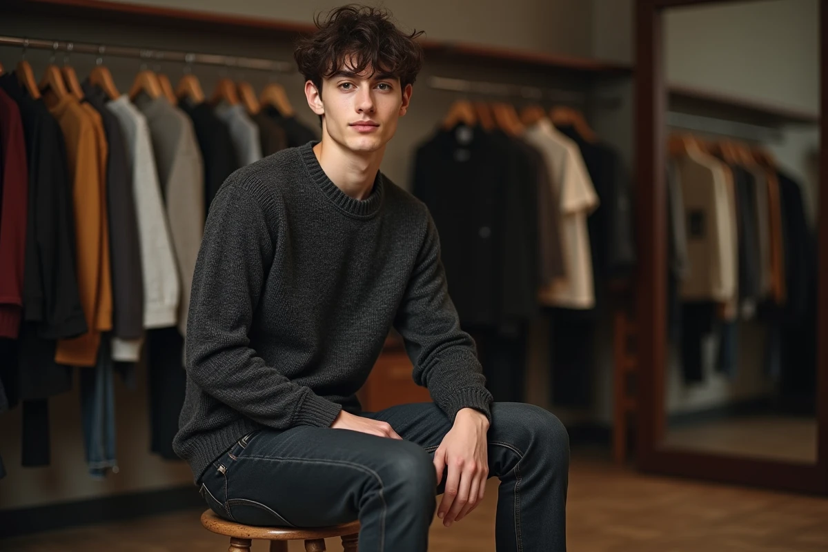 Jeune acteur mince assis en backstage, évoquant le physique et les caractéristiques corporelles de Timothée Chalamet