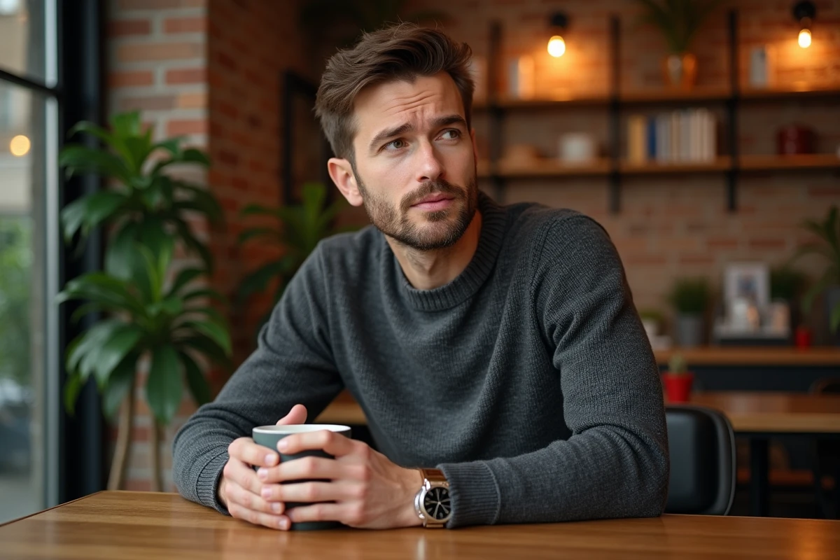 Portrait d'un homme réfléchi dans un café cosy, évoquant la personnalité discrète du compagnon d'Alicia Dauby