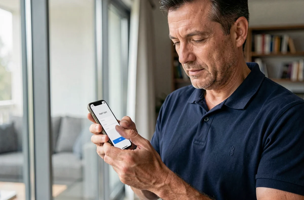 Homme accédant à son compte Orchestra depuis son smartphone dans un salon moderne