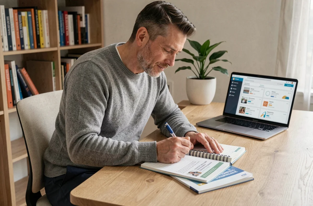 Professionnel étudiant des supports de coaching à son bureau pour développer sa carrière