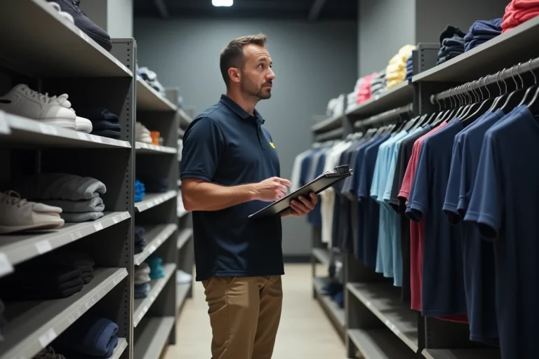 Manager de magasin sportif devant rayons presque vides