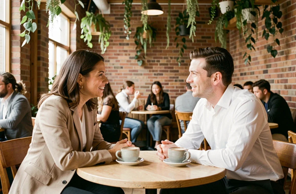 Séance de coaching individuel entre deux professionnels dans un café urbain moderne