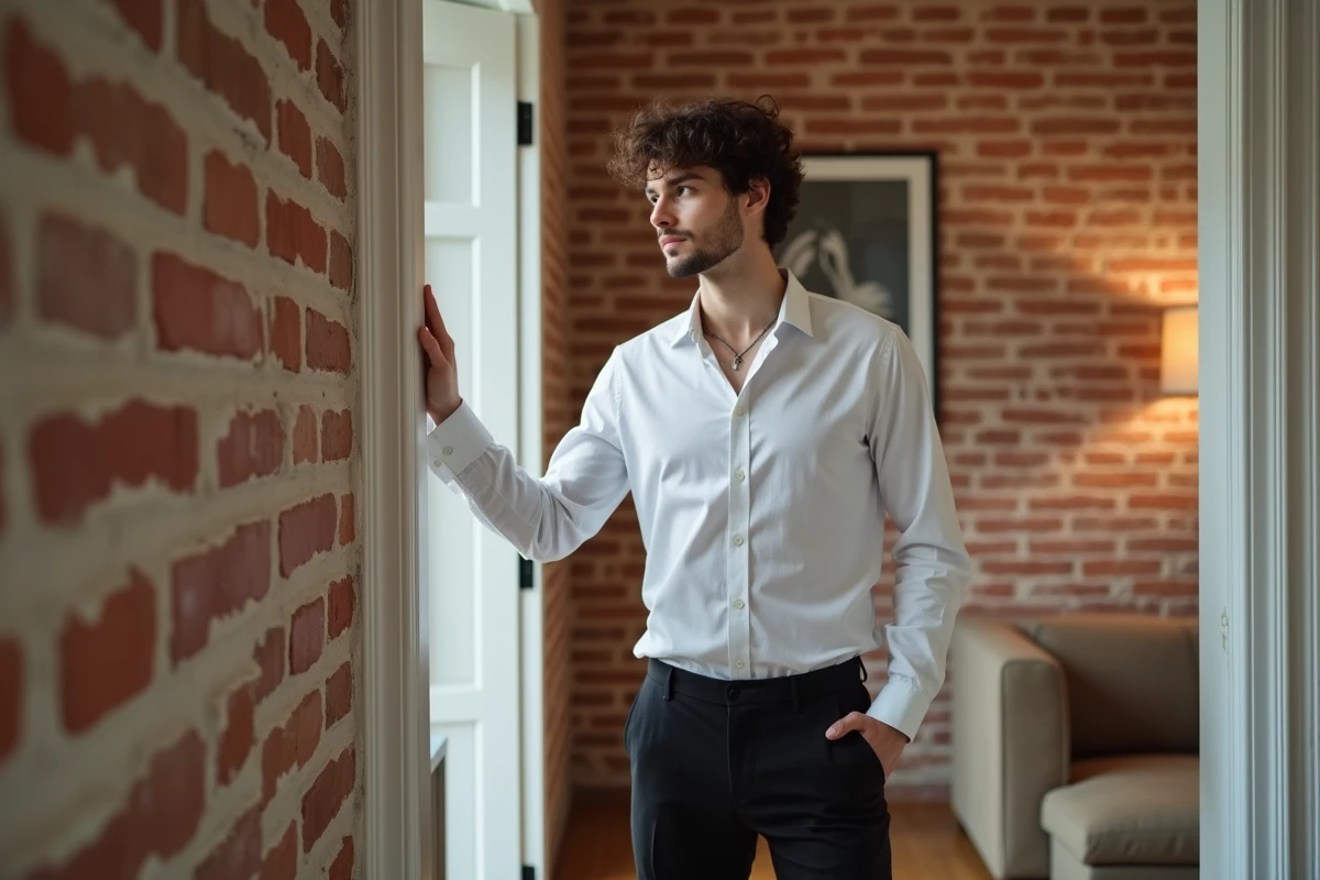 Jeune homme élancé posant près d'un cadre de porte pour illustrer la taille et les mensurations de Timothée Chalamet