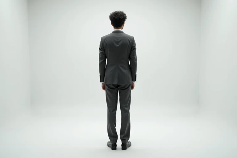 Portrait plein corps d'un jeune homme grand et mince en costume ajusté, illustrant la taille et la silhouette de Timothée Chalamet