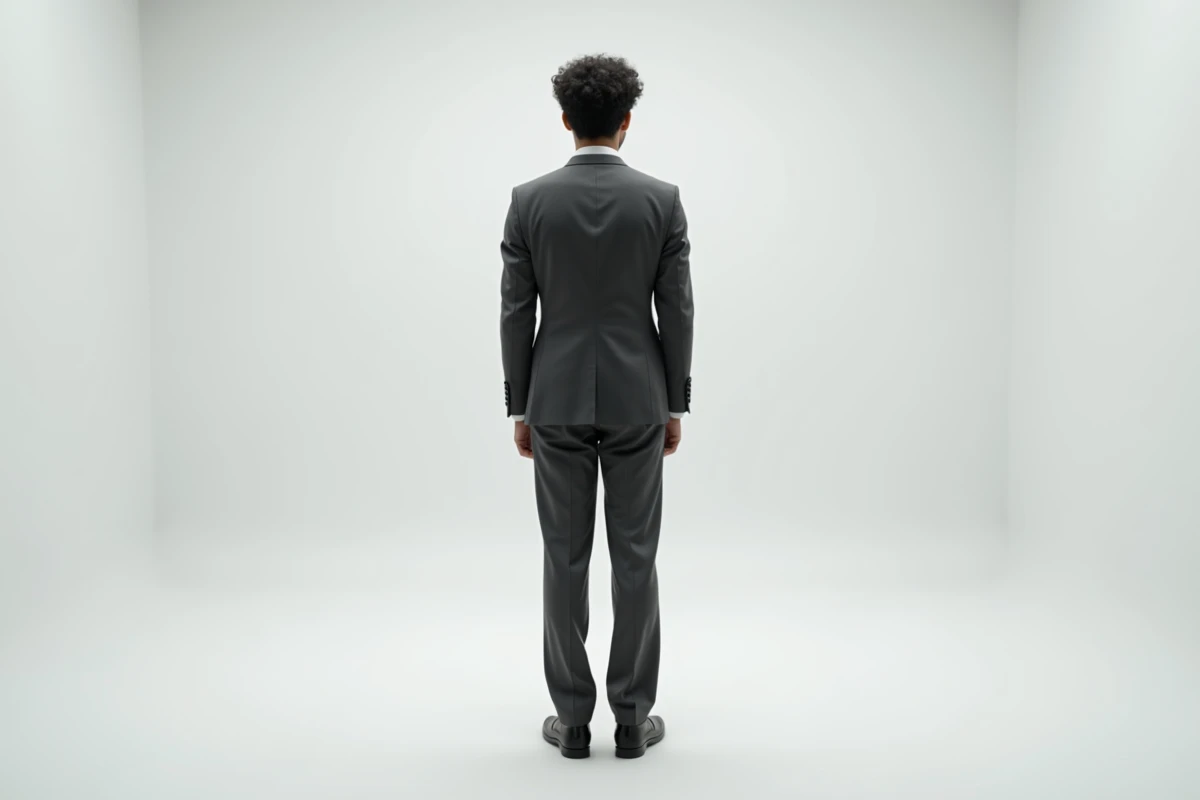 Portrait plein corps d'un jeune homme grand et mince en costume ajusté, illustrant la taille et la silhouette de Timothée Chalamet