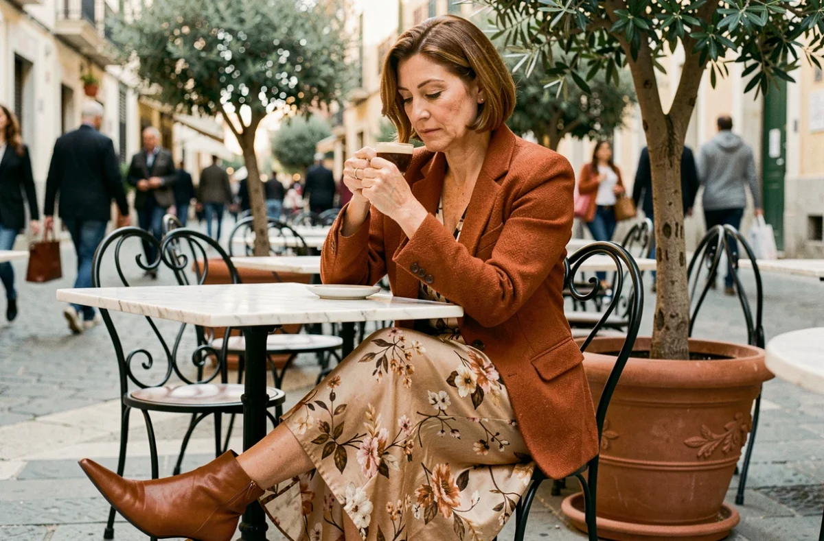Elegante vrouw in een roestkleurige blazer en een bloemen midi-rok zittend op een terras van een café, die de modetrends van het seizoen illustreert