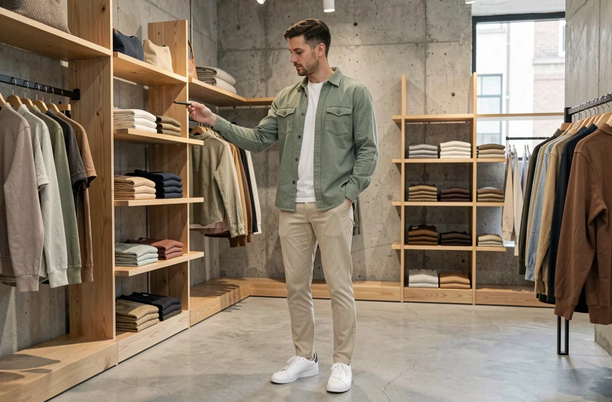 Man in een groene overshirt en ecru chino die de modetrends verkent in een hedendaagse minimalistische concept store
