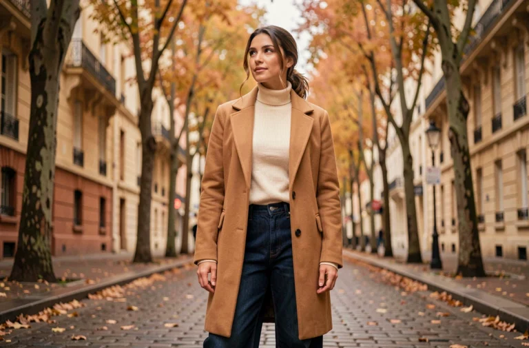 Femme tendance portant un manteau camel et un jean large dans une rue pavée parisienne en automne, look mode incontournable de la saison