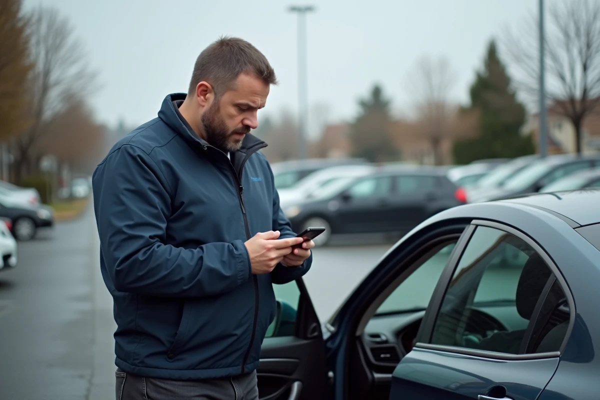 Homme debout près de sa voiture dans un parking, configurant la connexion Bluetooth de Waze sur son smartphone avant de conduire