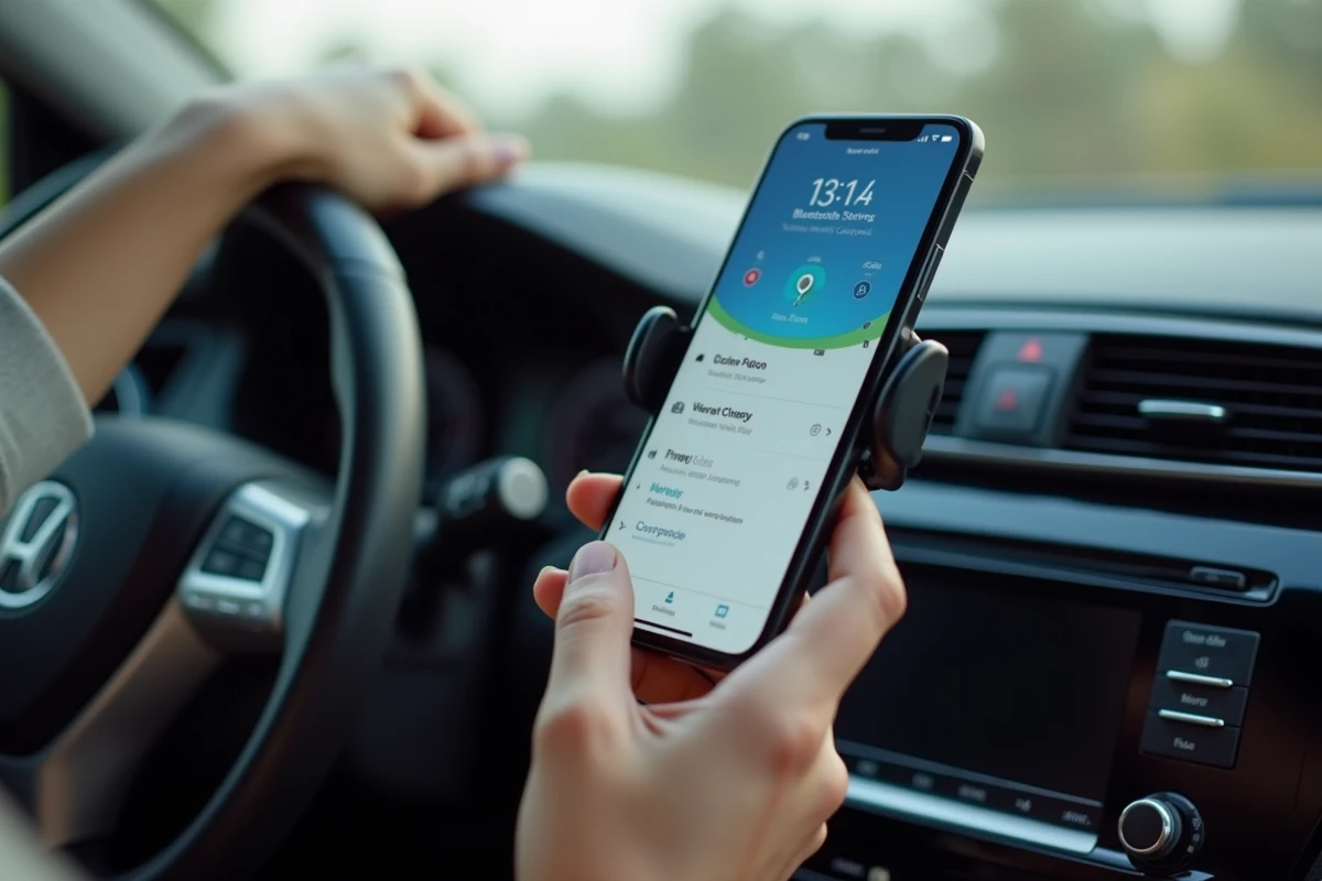 Gros plan sur les mains d'une femme configurant Waze sur un support smartphone fixé au pare-brise d'une voiture