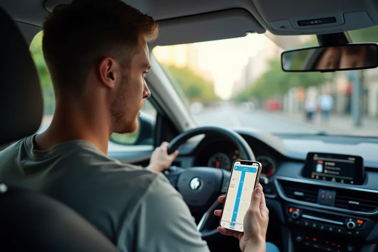 Homme connectant Waze en Bluetooth dans une voiture moderne, tenant un smartphone avec l'application de navigation ouverte