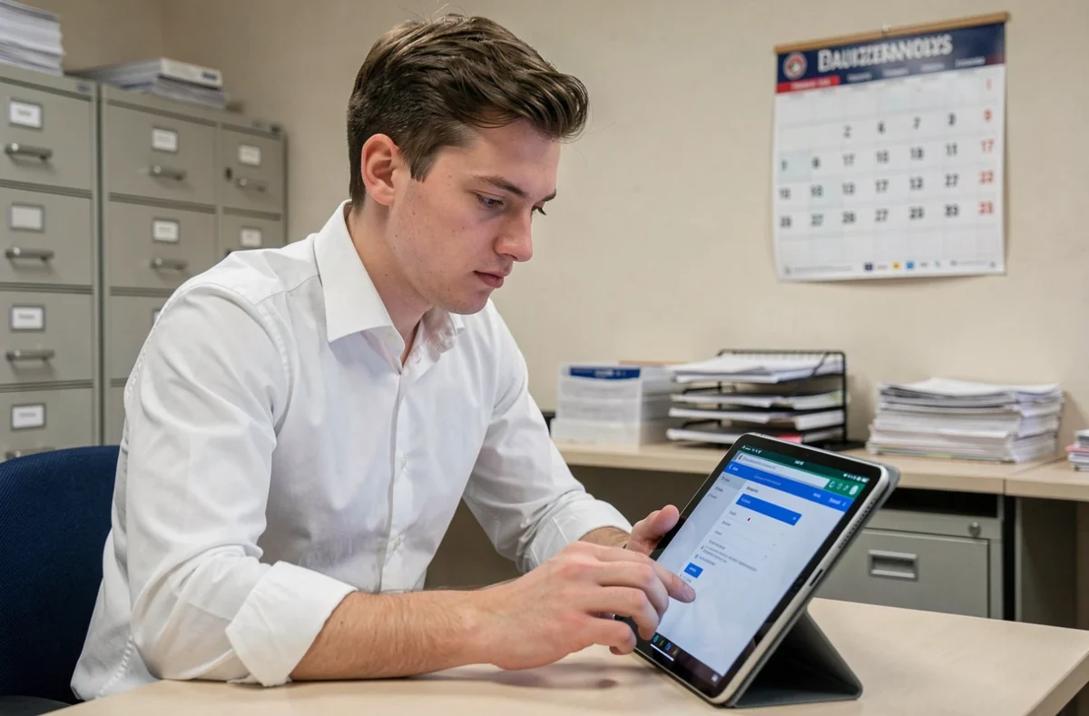 Agent municipal connecté à son webmail sur une tablette dans les locaux de la mairie